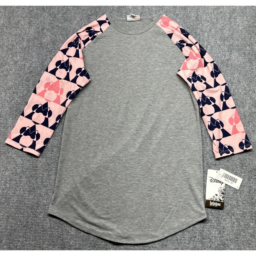 LuLaRoe Disney Randy Shirt Womens XS Gray Pink Minnie Mouse Print 3/4 Sleeve New